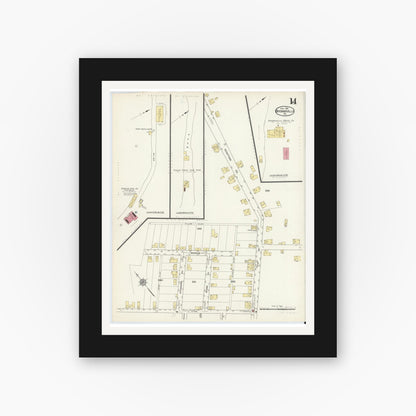Old map wall art mockup — black gallery frame with white mat — Sanborn Fire Insurance Map from Brownsville, Fayette County, Pennsylvania (1913), Sheet #0014
