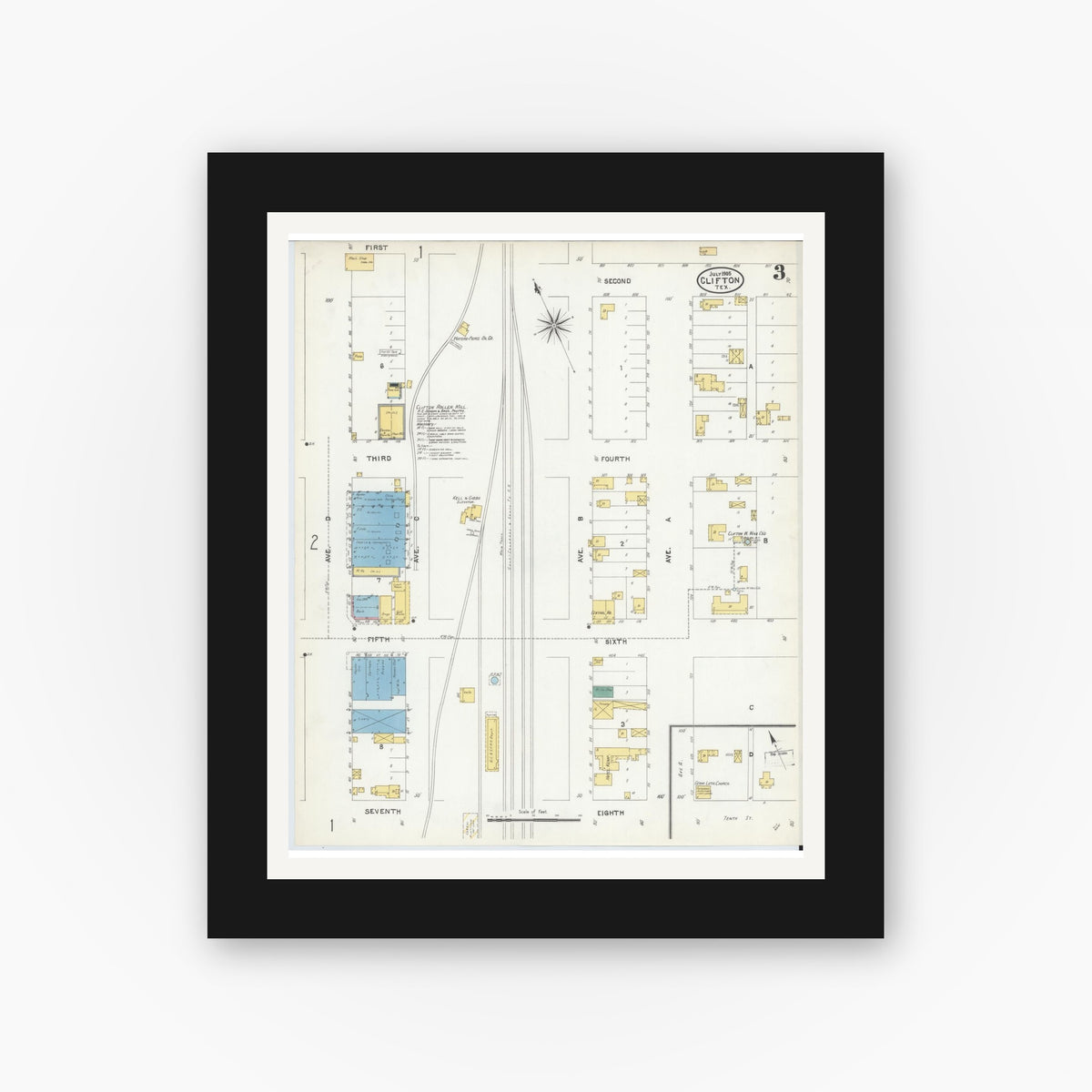 Old map wall art mockup — black gallery frame with white mat — Sanborn Fire Insurance Map from Clifton, Bosque County, Texas (1905), Sheet #0003