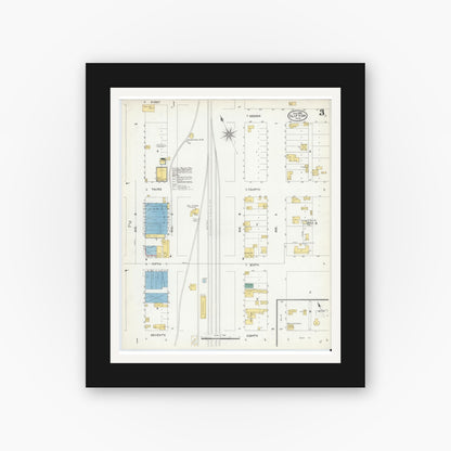 Old map wall art mockup — black gallery frame with white mat — Sanborn Fire Insurance Map from Clifton, Bosque County, Texas (1905), Sheet #0003