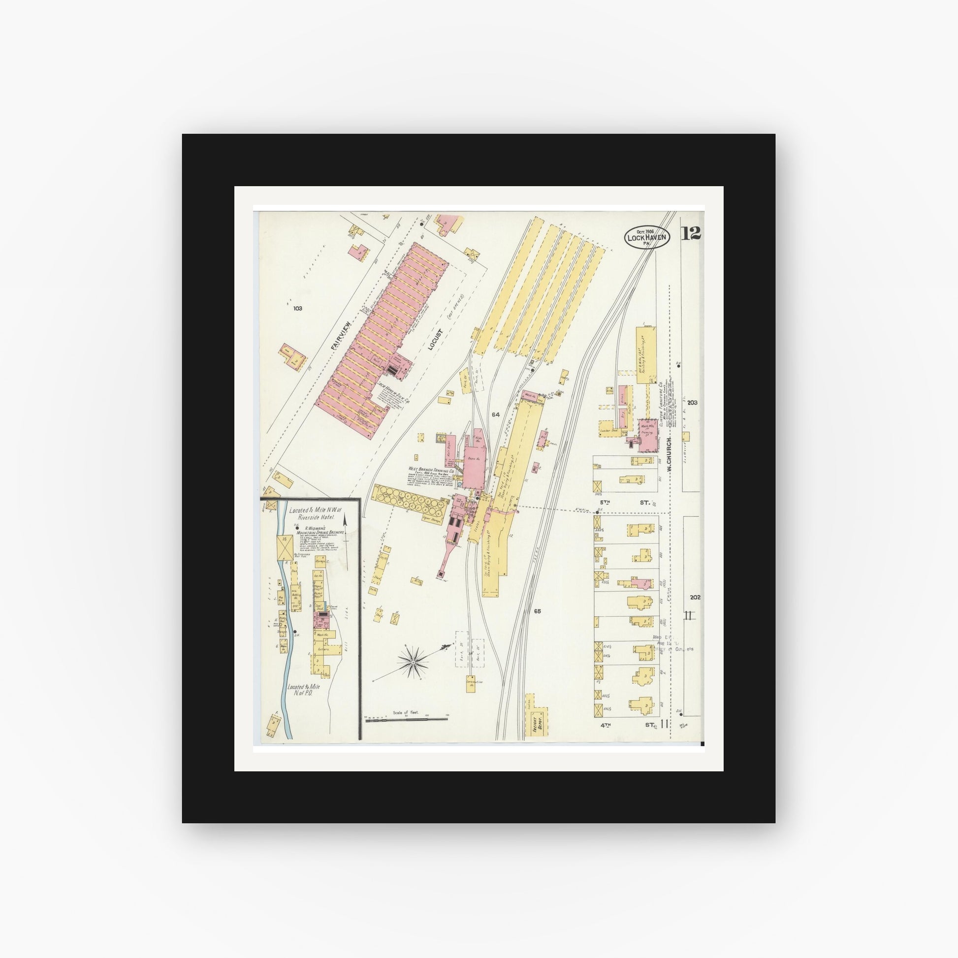 Old map wall art mockup — black gallery frame with white mat — Sanborn Fire Insurance Map from Lock Haven, Clinton County, Pennsylvania (1906), Sheet #0012
