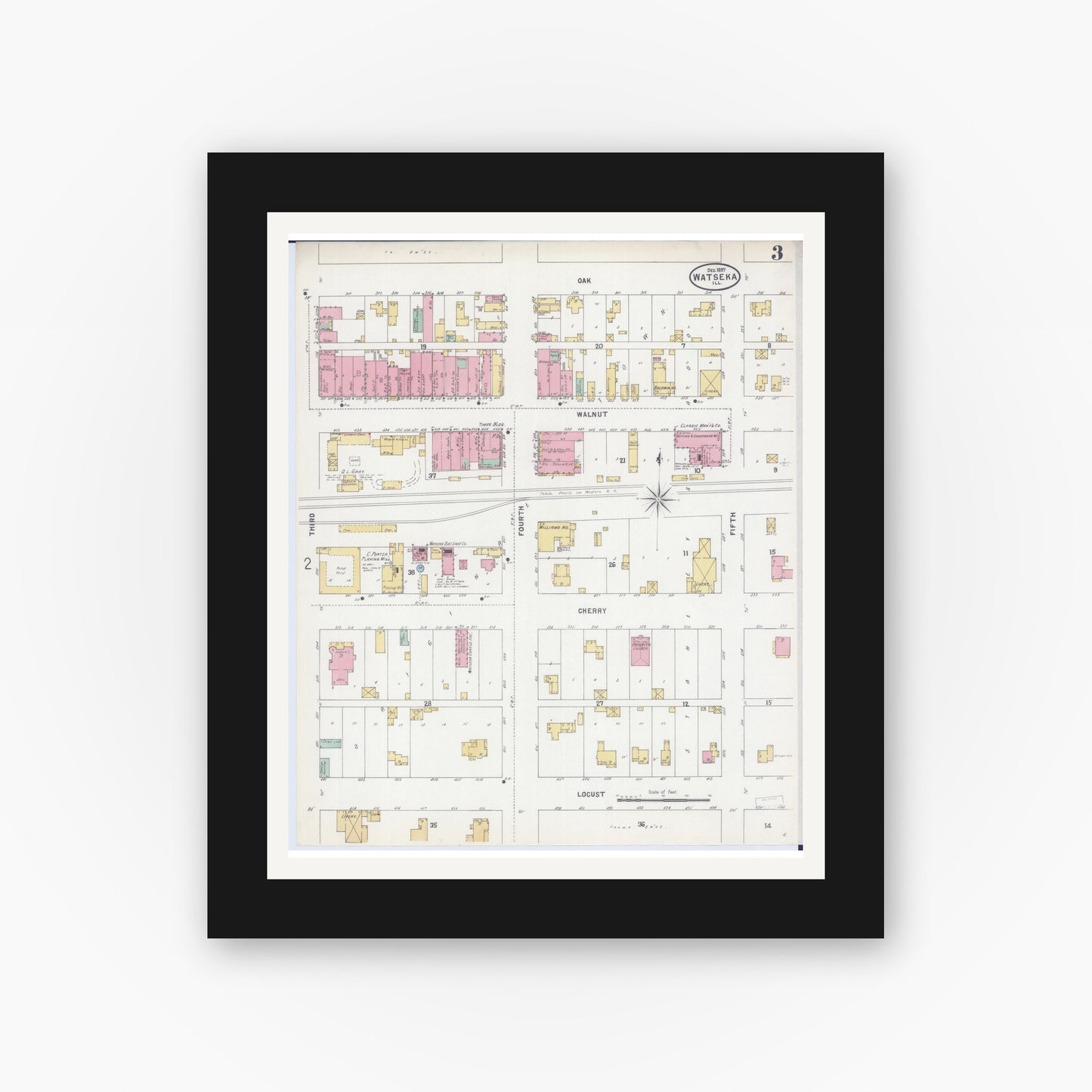 Old map wall art mockup — black gallery frame with white mat — Sanborn Fire Insurance Map from Watseka, Iroquois County, Illinois (1897), Sheet #0003
