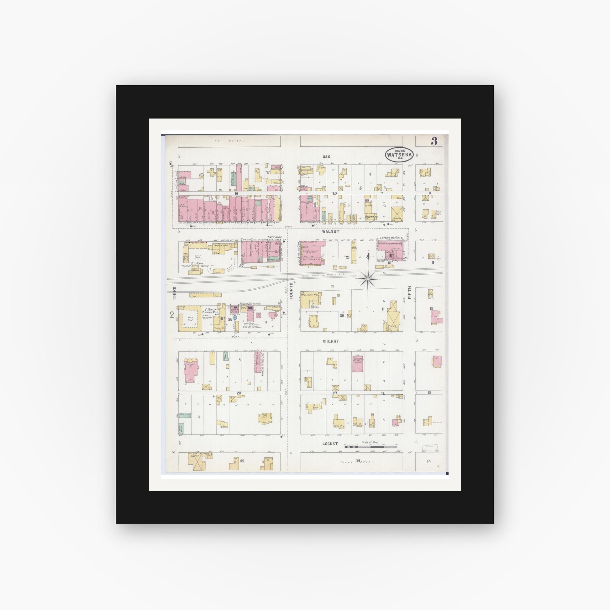 Old map wall art mockup — black gallery frame with white mat — Sanborn Fire Insurance Map from Watseka, Iroquois County, Illinois (1897), Sheet #0003