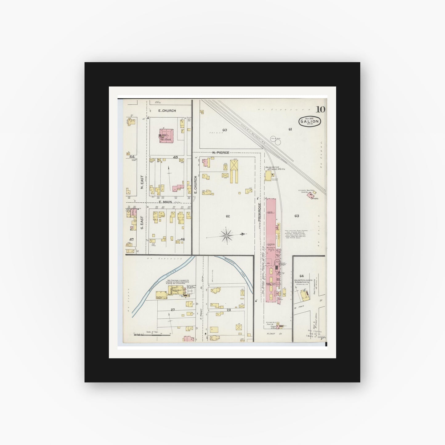 Old map wall art mockup — black gallery frame with white mat — Sanborn Fire Insurance Map from Galion, Crawford County, Ohio (1892), Sheet #0010