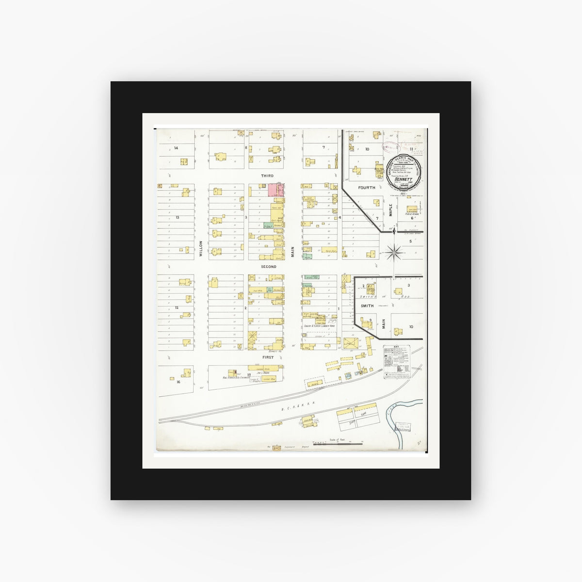 Old map wall art mockup — black gallery frame with white mat — Sanborn Fire Insurance Map from Bennett, Cedar County, Iowa (1899), Sheet #0001