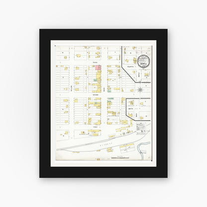 Old map wall art mockup — black gallery frame with white mat — Sanborn Fire Insurance Map from Bennett, Cedar County, Iowa (1899), Sheet #0001