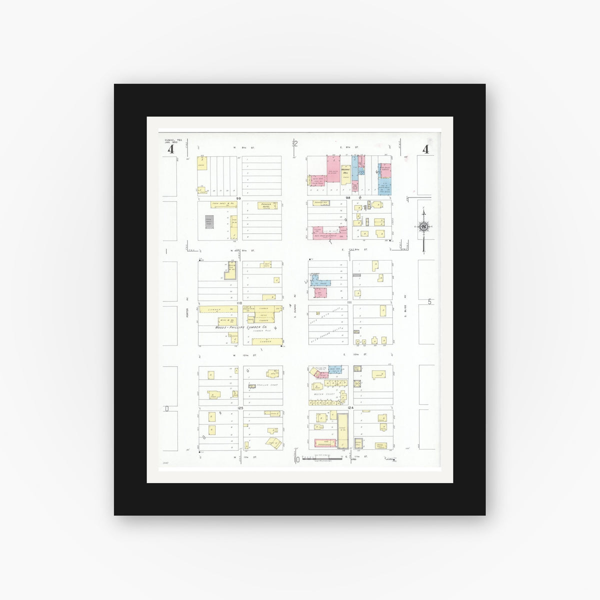 Old map wall art mockup — black gallery frame with white mat — Sanborn Fire Insurance Map from Dumas, Moore County, Texas (1950), Sheet #0004