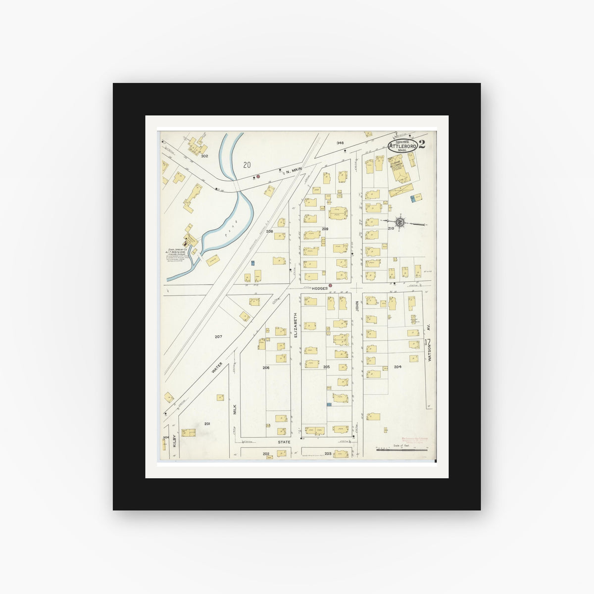 Old map wall art mockup — black gallery frame with white mat — Sanborn Fire Insurance Map from Attleboro, Bristol County, Massachusetts (1916) - Complete Map Set