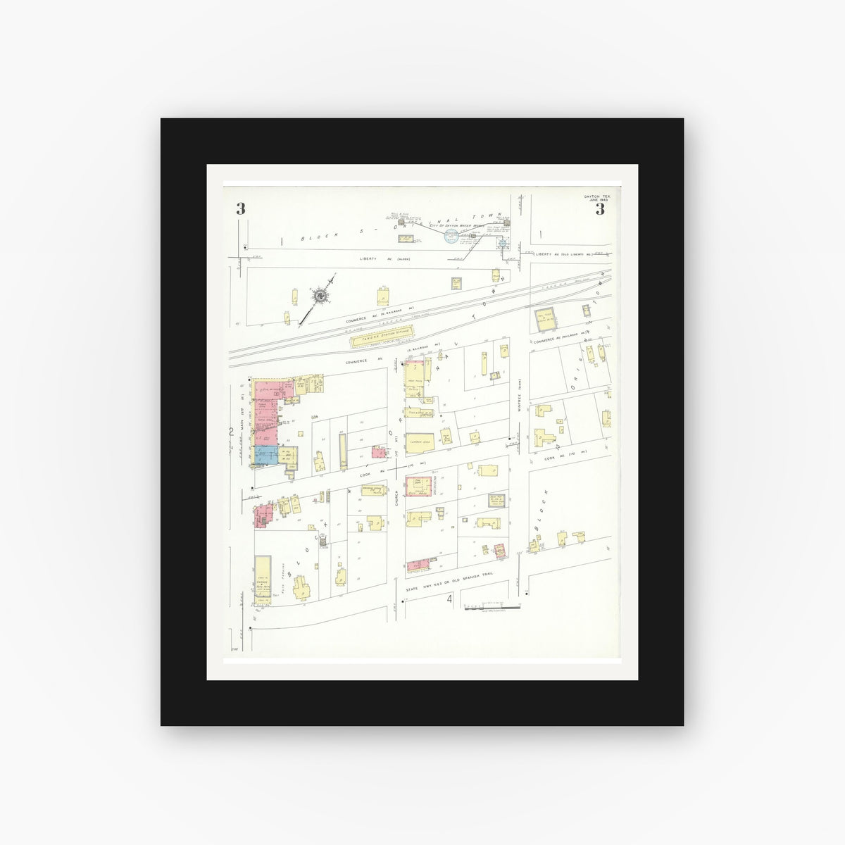 Old map wall art mockup — black gallery frame with white mat — Sanborn Fire Insurance Map from Dayton, Liberty County, Texas (1943), Sheet #0003