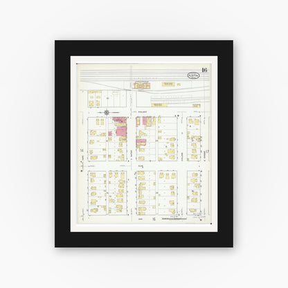 Old map wall art mockup — black gallery frame with white mat — Sanborn Fire Insurance Map from Austin, Mower County, Minnesota (1917), Sheet #0016