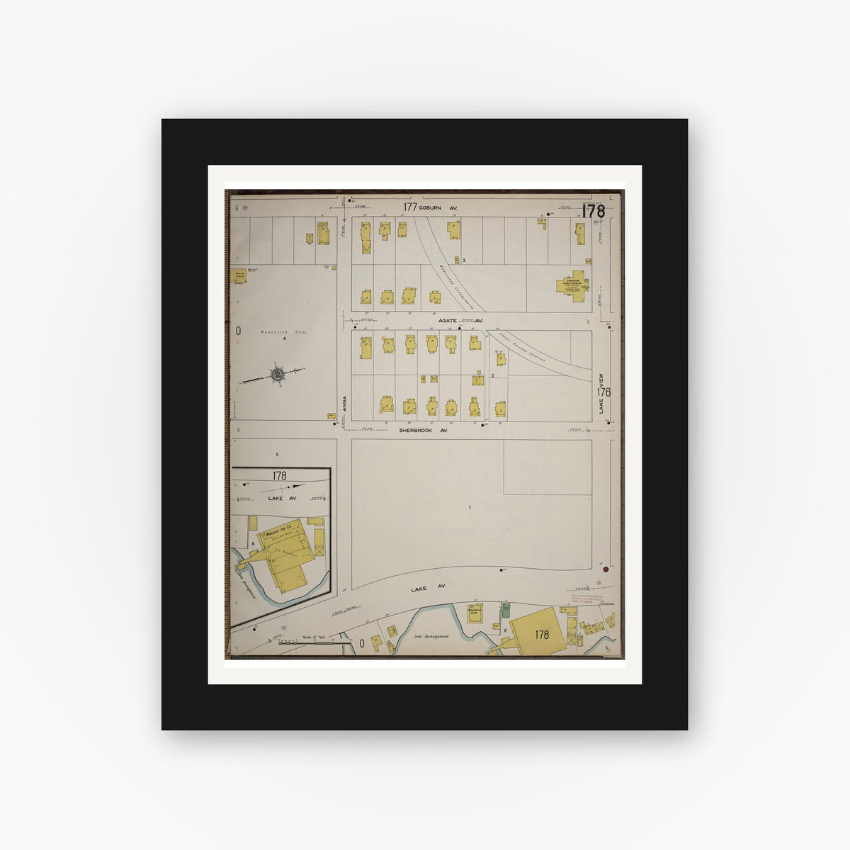 Old map wall art mockup — black gallery frame with white mat — Sanborn Fire Insurance Map from Worcester, Worcester County, Massachusetts (1910), Sheet #0178