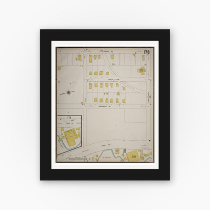 Old map wall art mockup — black gallery frame with white mat — Sanborn Fire Insurance Map from Worcester, Worcester County, Massachusetts (1910), Sheet #0178