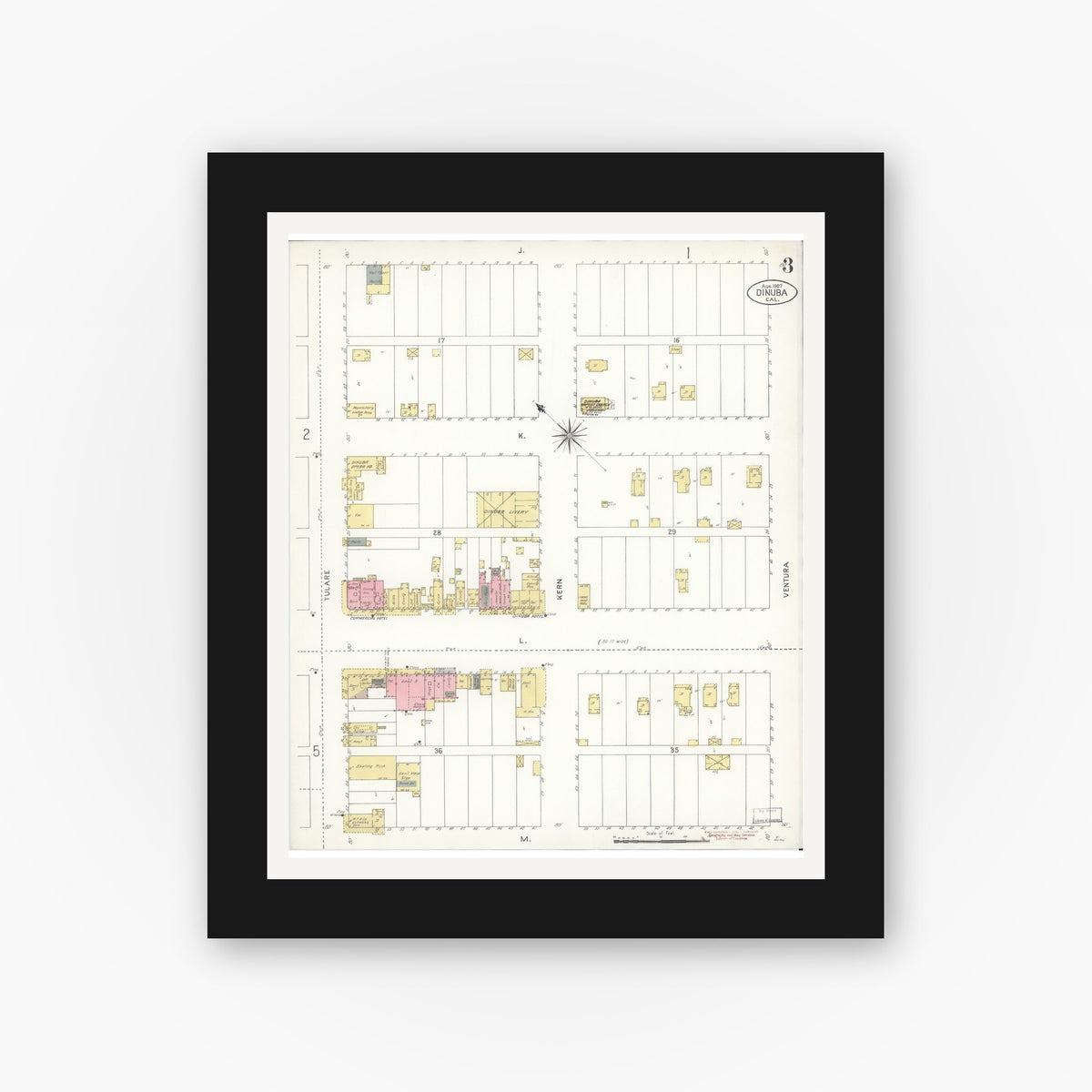 Old map wall art mockup — black gallery frame with white mat — Sanborn Fire Insurance Map from Dinuba, Tulare County, California (1907), Sheet #0003