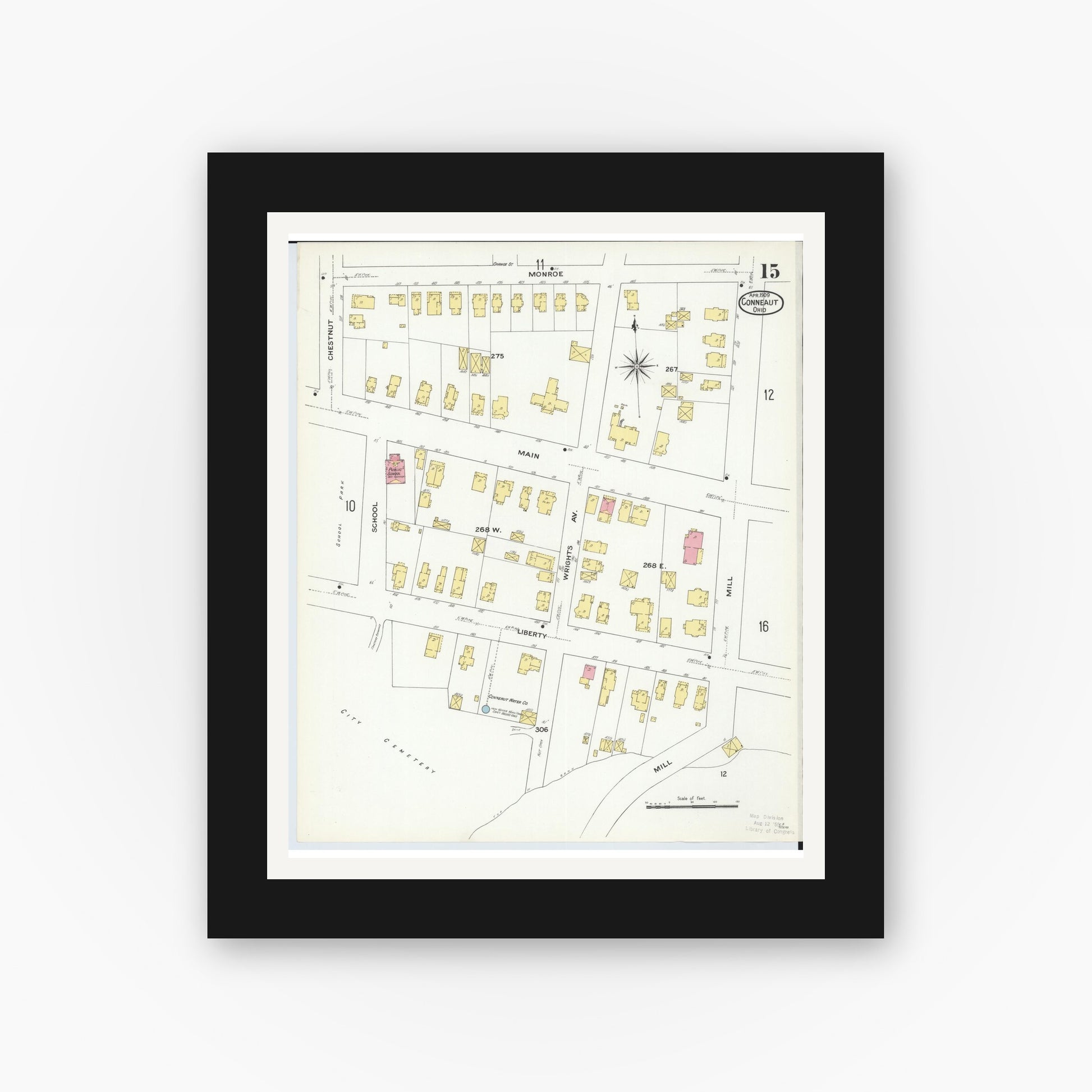 Old map wall art mockup — black gallery frame with white mat — Sanborn Fire Insurance Map from Conneaut, Ashtabula County, Ohio (1909), Sheet #0015