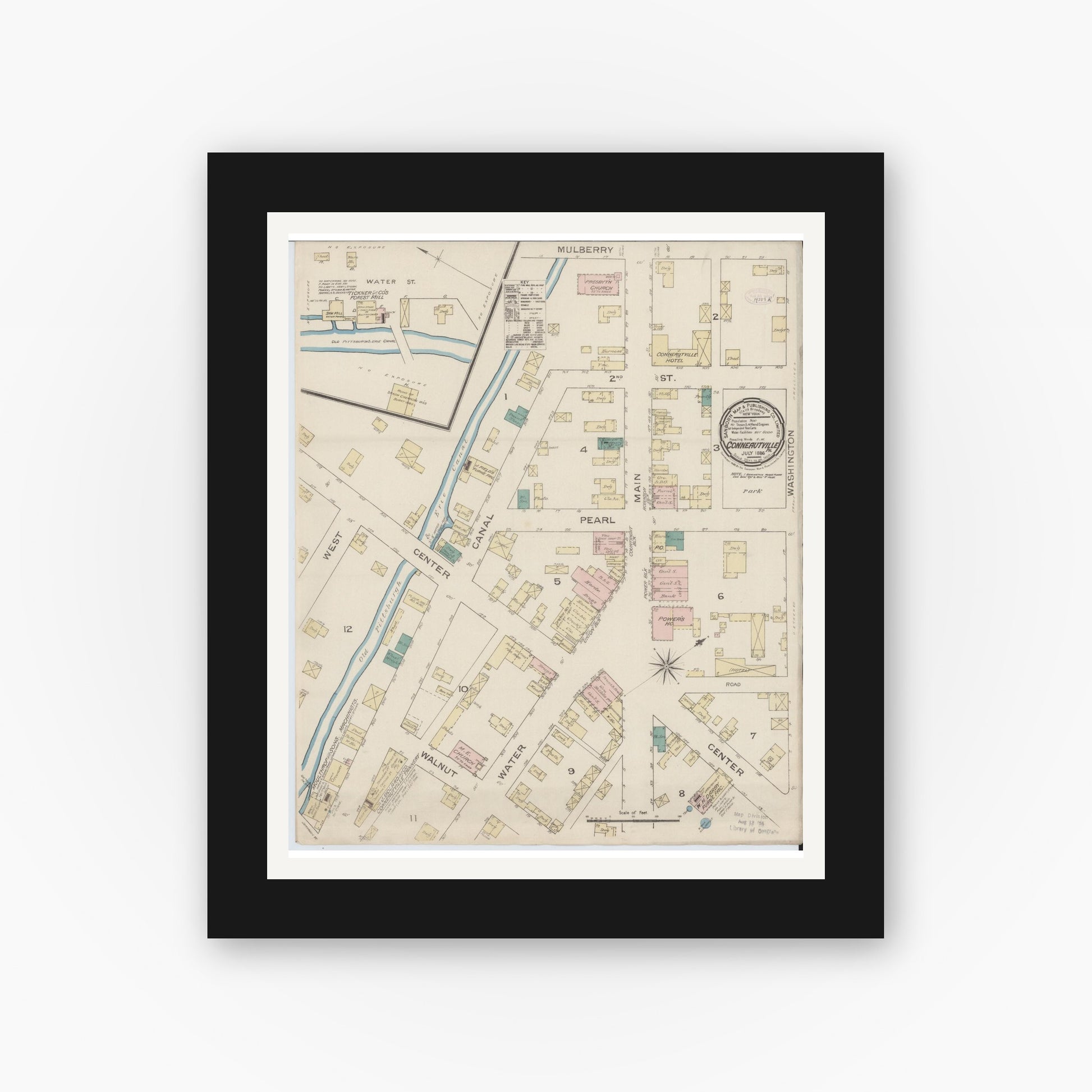Old map wall art mockup — black gallery frame with white mat — Sanborn Fire Insurance Map from Conneautville, Crawford County, Pennsylvania (1886), Sheet #0001