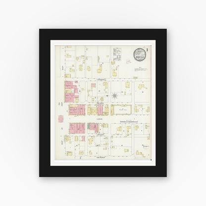 Old map wall art mockup — black gallery frame with white mat — Sanborn Fire Insurance Map from Henderson, Rusk County, Texas (1896), Sheet #0001