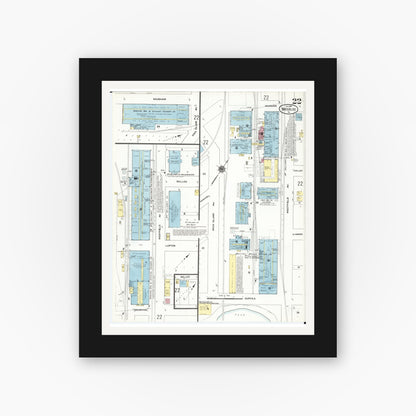 Old map wall art mockup — black gallery frame with white mat — Sanborn Fire Insurance Map from Waterloo, Black Hawk County, Iowa (1910), Sheet #0022