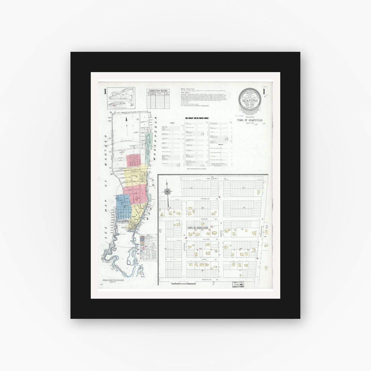 Old map wall art mockup — black gallery frame with white mat — Sanborn Fire Insurance Map from Seaford, Nassau County, New York (1947) - Complete Map Set