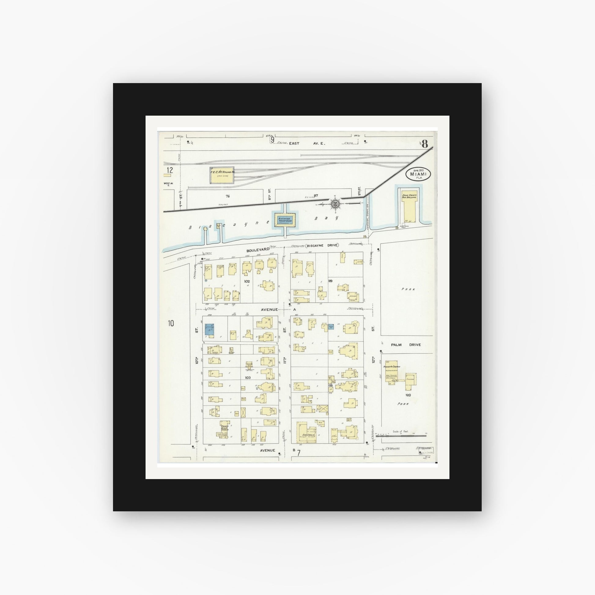 Old map wall art mockup — black gallery frame with white mat — Sanborn Fire Insurance Map from Miami, Dade County, Florida (1910), Sheet #0008
