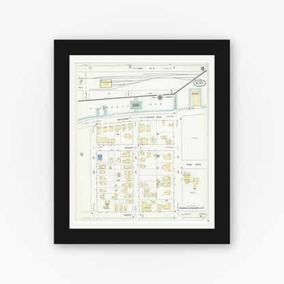 Old map wall art mockup — black gallery frame with white mat — Sanborn Fire Insurance Map from Miami, Dade County, Florida (1910), Sheet #0008