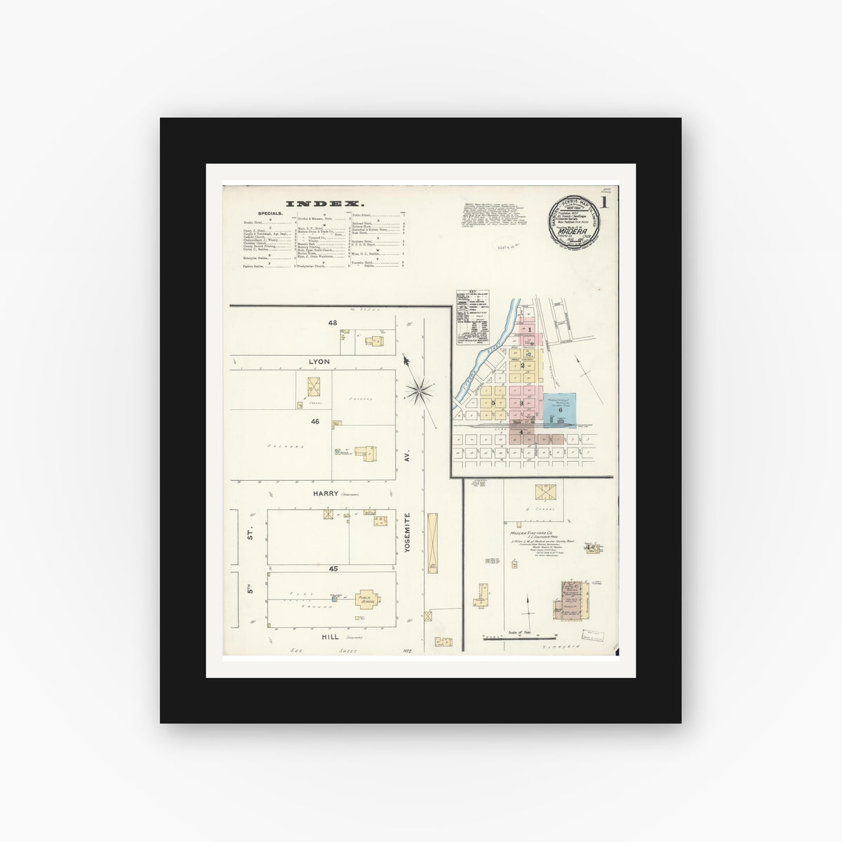 Old map wall art mockup — black gallery frame with white mat — Sanborn Fire Insurance Map from Madera, Madera County, California (1891) - Complete Map Set