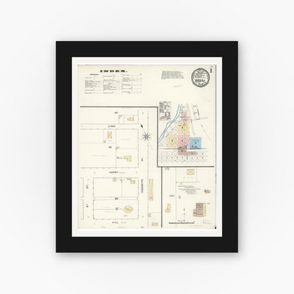 Old map wall art mockup — black gallery frame with white mat — Sanborn Fire Insurance Map from Madera, Madera County, California (1891) - Complete Map Set