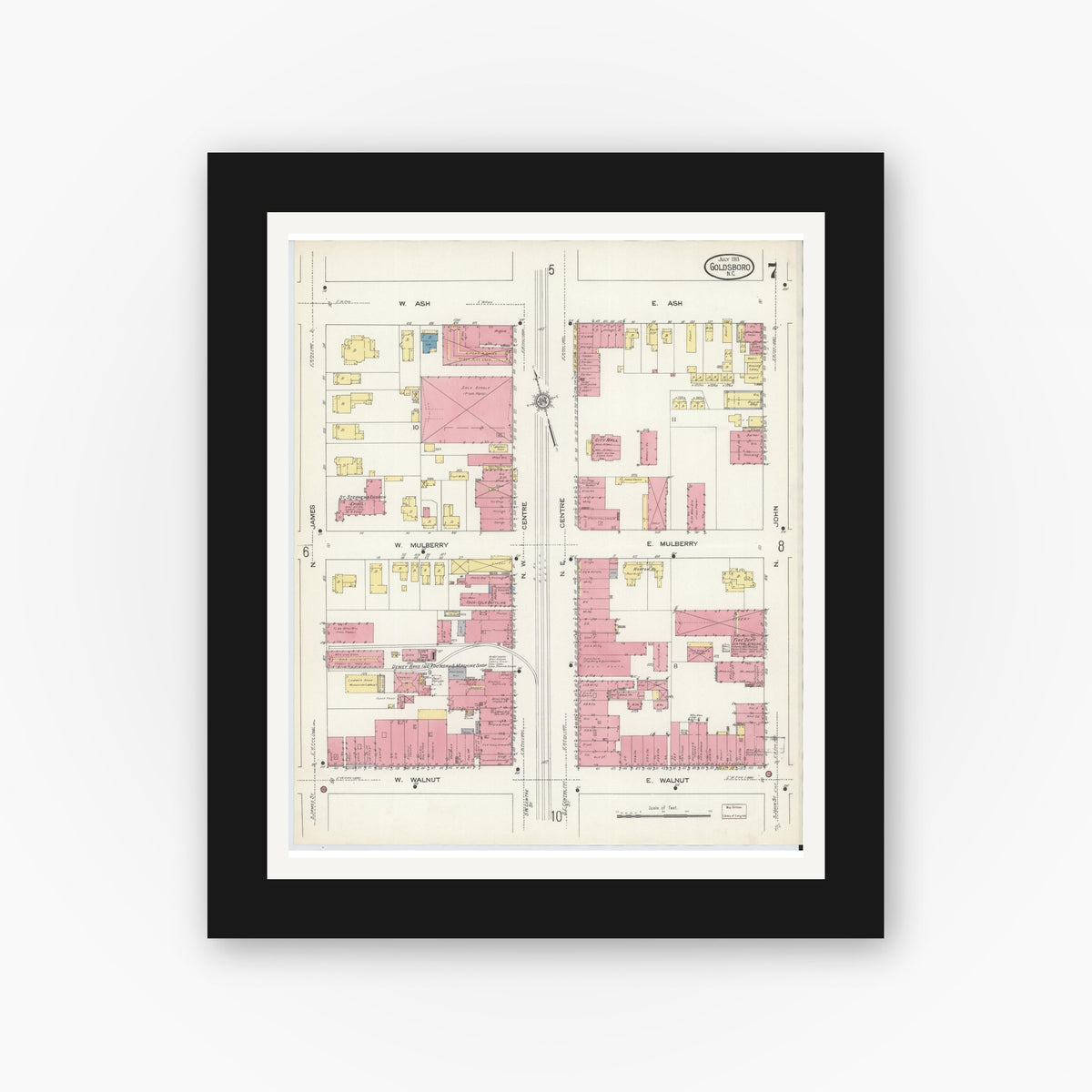 Old map wall art mockup — black gallery frame with white mat — Sanborn Fire Insurance Map from Goldsboro, Wayne County, North Carolina (1913), Sheet #0007