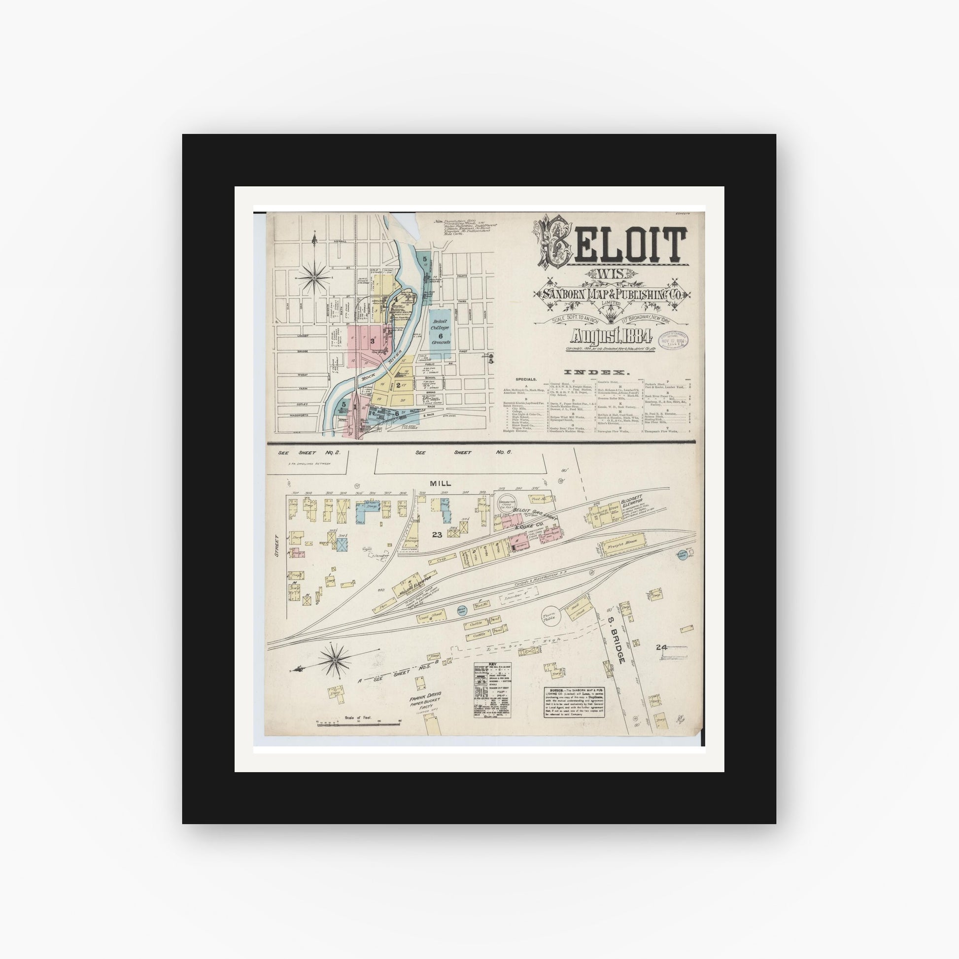 Old map wall art mockup — black gallery frame with white mat — Sanborn Fire Insurance Map from Beloit, Rock County, Wisconsin (1884), Sheet #0001