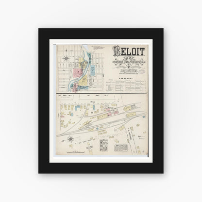 Old map wall art mockup — black gallery frame with white mat — Sanborn Fire Insurance Map from Beloit, Rock County, Wisconsin (1884), Sheet #0001
