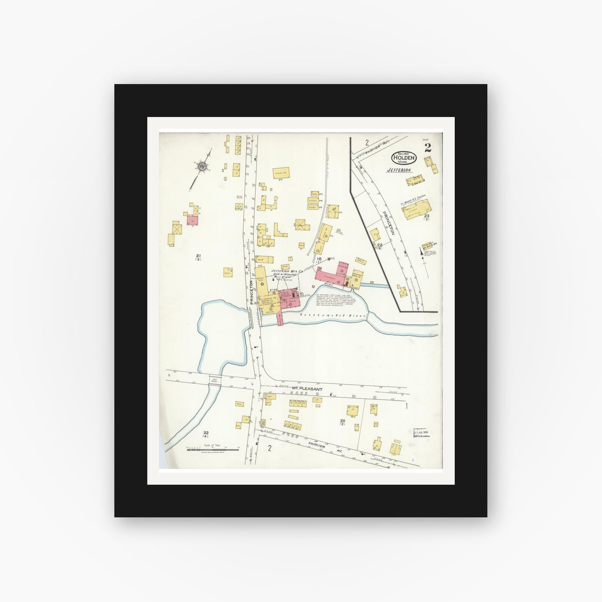 Old map wall art mockup — black gallery frame with white mat — Sanborn Fire Insurance Map from Holden, Worcester County, Massachusetts (1921), Sheet #0002