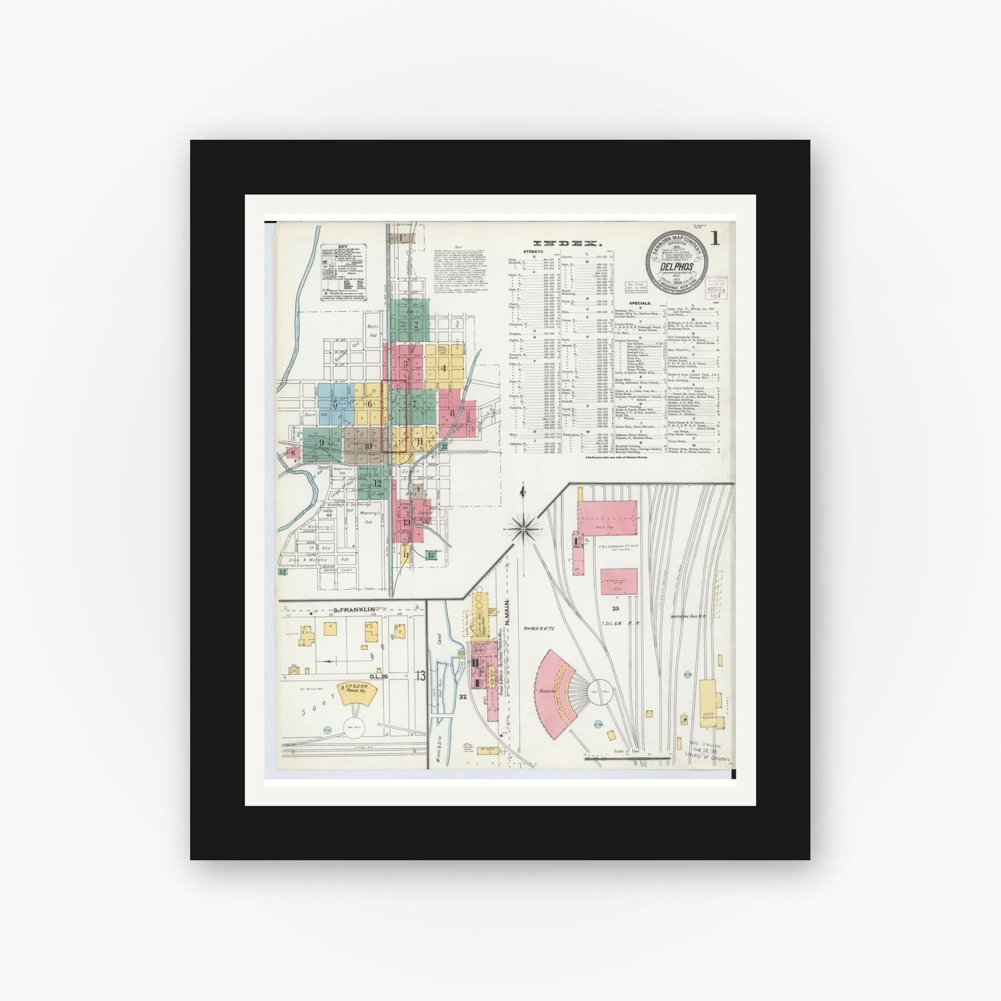 Old map wall art mockup — black gallery frame with white mat — Sanborn Fire Insurance Map from Delphos, Van Wert And Allen Counties, Ohio (1904) - Complete Map Set
