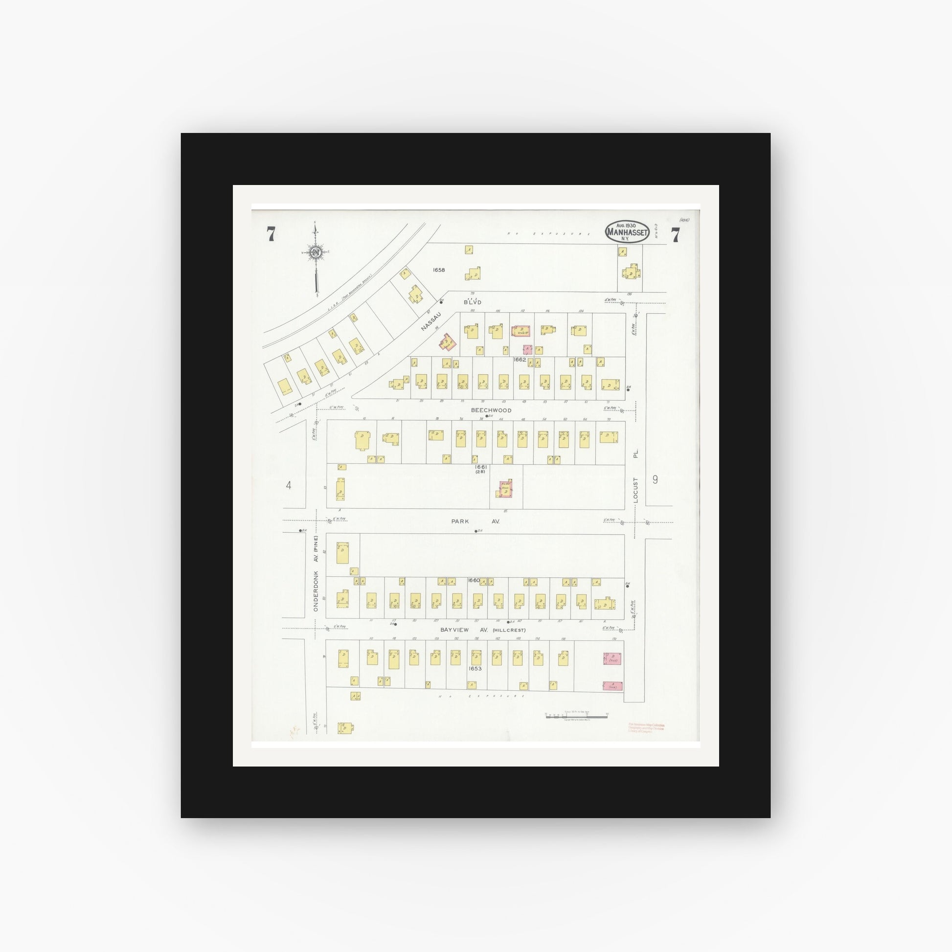 Old map wall art mockup — black gallery frame with white mat — Sanborn Fire Insurance Map from Manhasset, Nassau County, New York (1930), Sheet #0007