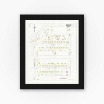 Old map wall art mockup — black gallery frame with white mat — Sanborn Fire Insurance Map from Manhasset, Nassau County, New York (1930), Sheet #0007
