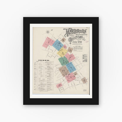 Old map wall art mockup — black gallery frame with white mat — Sanborn Fire Insurance Map from Marlborough, Middlesex County, Massachusetts (1890) - Complete Map Set