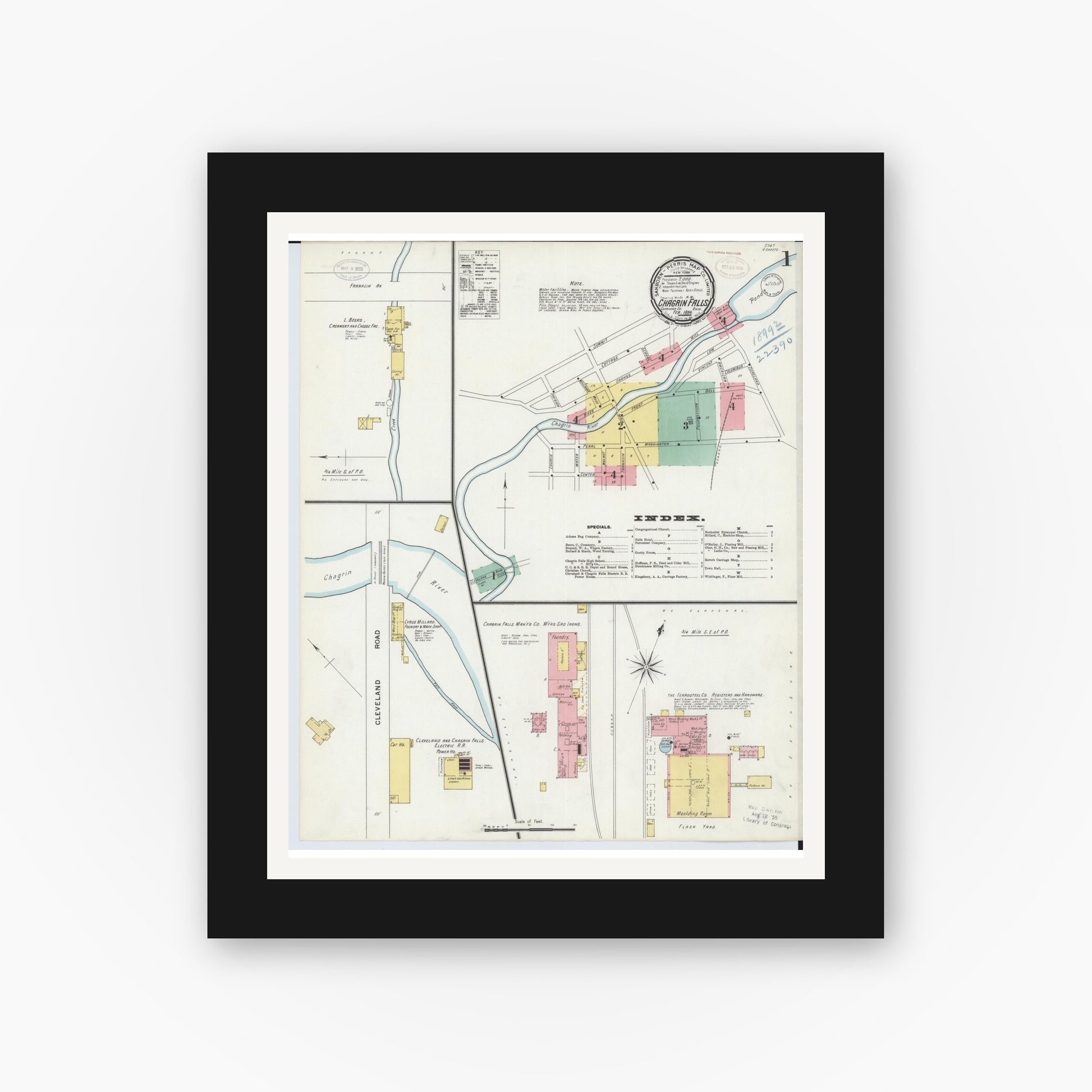 Old map wall art mockup — black gallery frame with white mat — Sanborn Fire Insurance Map from Chagrin Falls, Cuyahoga County, Ohio (1899), Sheet #0001