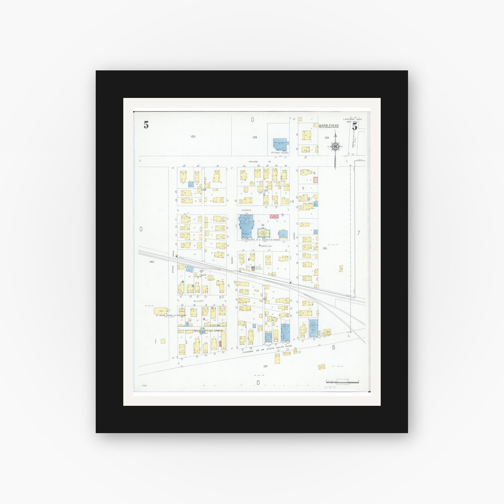 Old map wall art mockup — black gallery frame with white mat — Sanborn Fire Insurance Map from Lakeside, Ottawa County, Ohio (1946), Sheet #0005