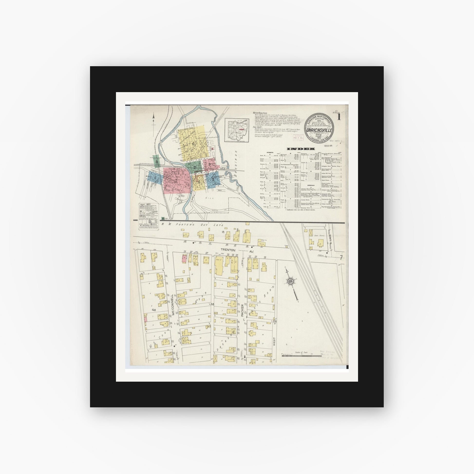 Old map wall art mockup — black gallery frame with white mat — Sanborn Fire Insurance Map from Uhrichsville, Tuscarawas County, Ohio (1915), Sheet #0001