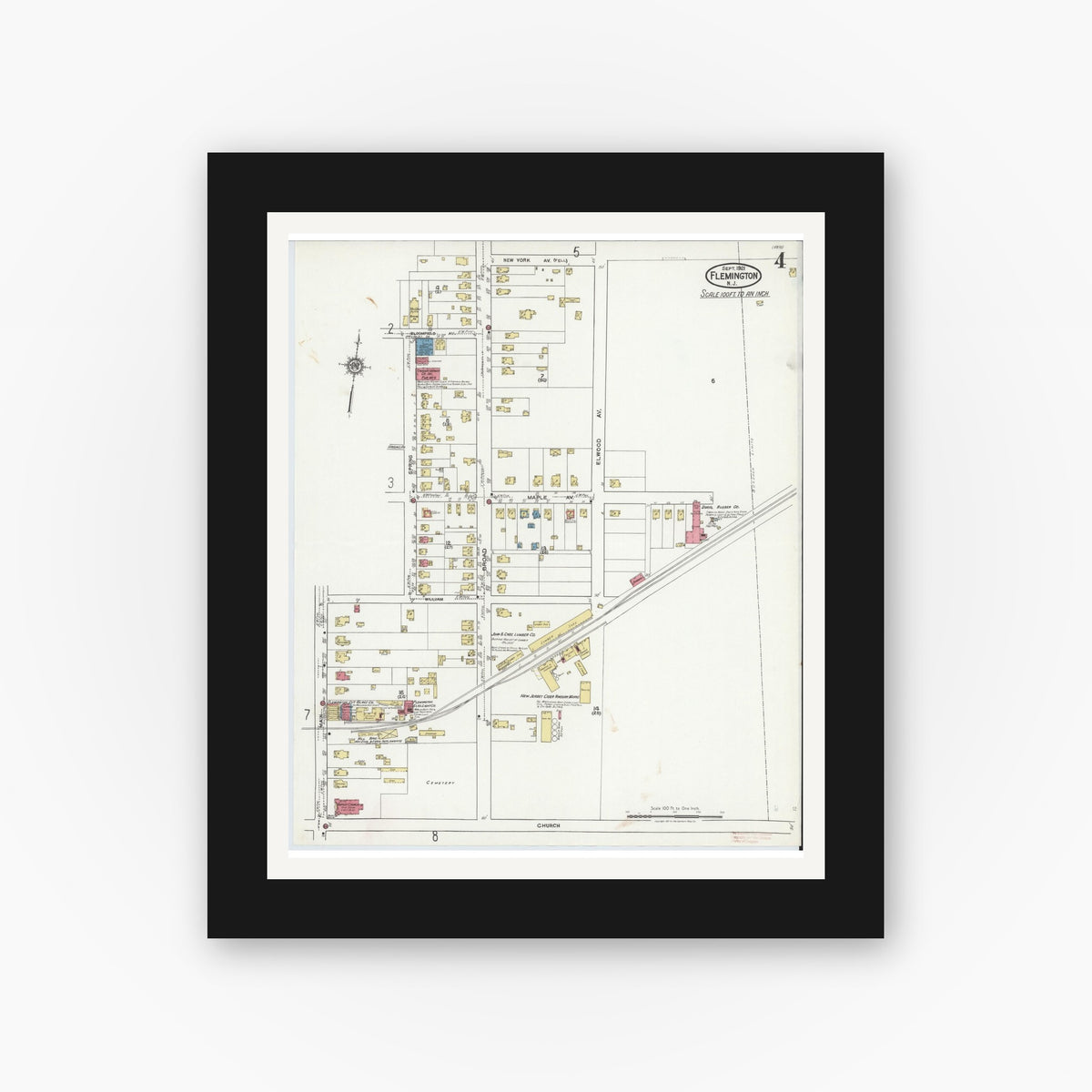 Old map wall art mockup — black gallery frame with white mat — Sanborn Fire Insurance Map from Flemington, Hunterdon County, New Jersey (1921), Sheet #0004