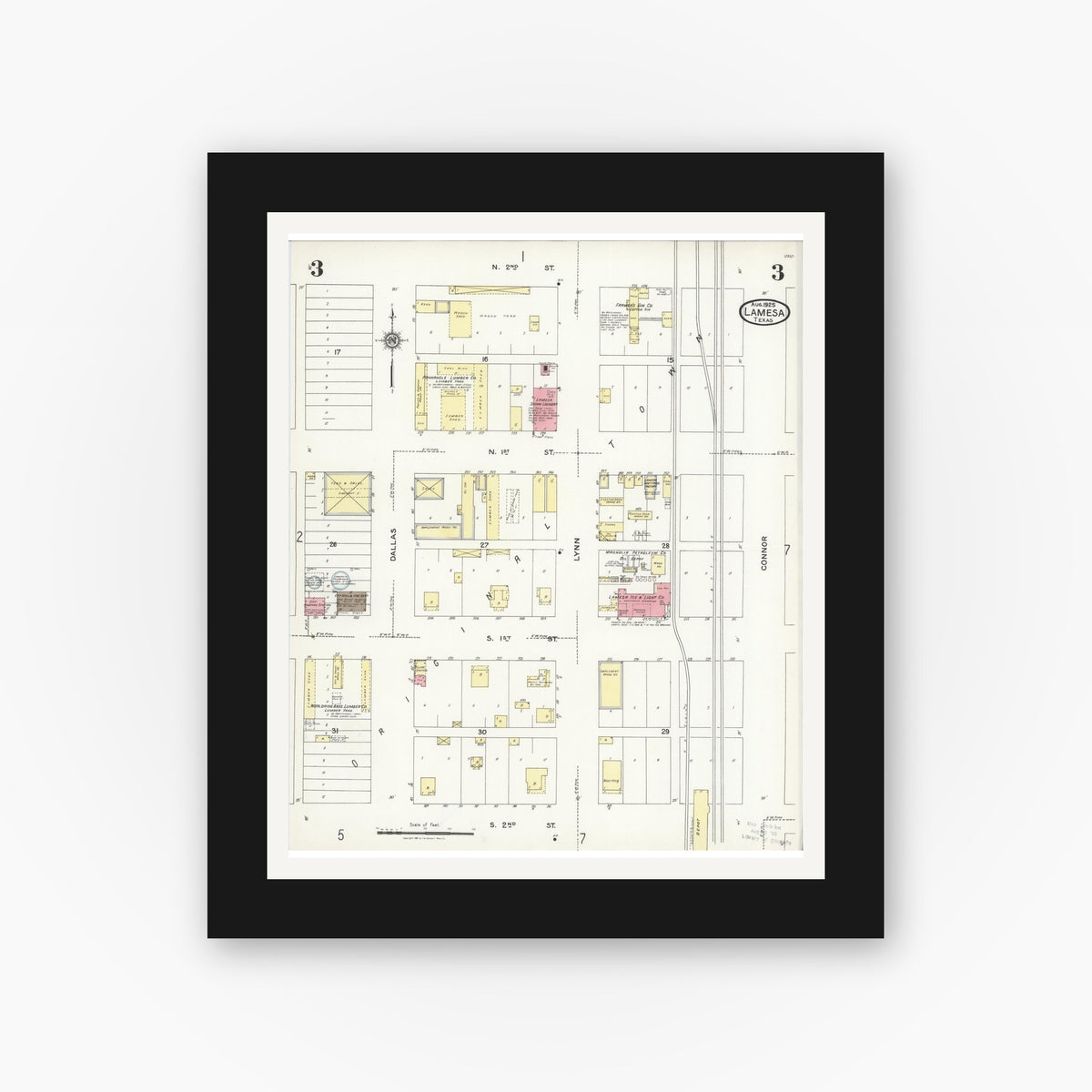 Old map wall art mockup — black gallery frame with white mat — Sanborn Fire Insurance Map from Lamesa, Dawson County, Texas (1925), Sheet #0003