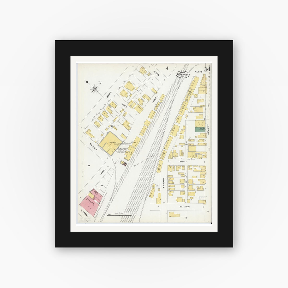 Old map wall art mockup — black gallery frame with white mat — Sanborn Fire Insurance Map from Beaumont, Jefferson County, Texas (1902), Sheet #0014