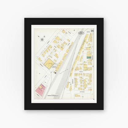 Old map wall art mockup — black gallery frame with white mat — Sanborn Fire Insurance Map from Beaumont, Jefferson County, Texas (1902), Sheet #0014