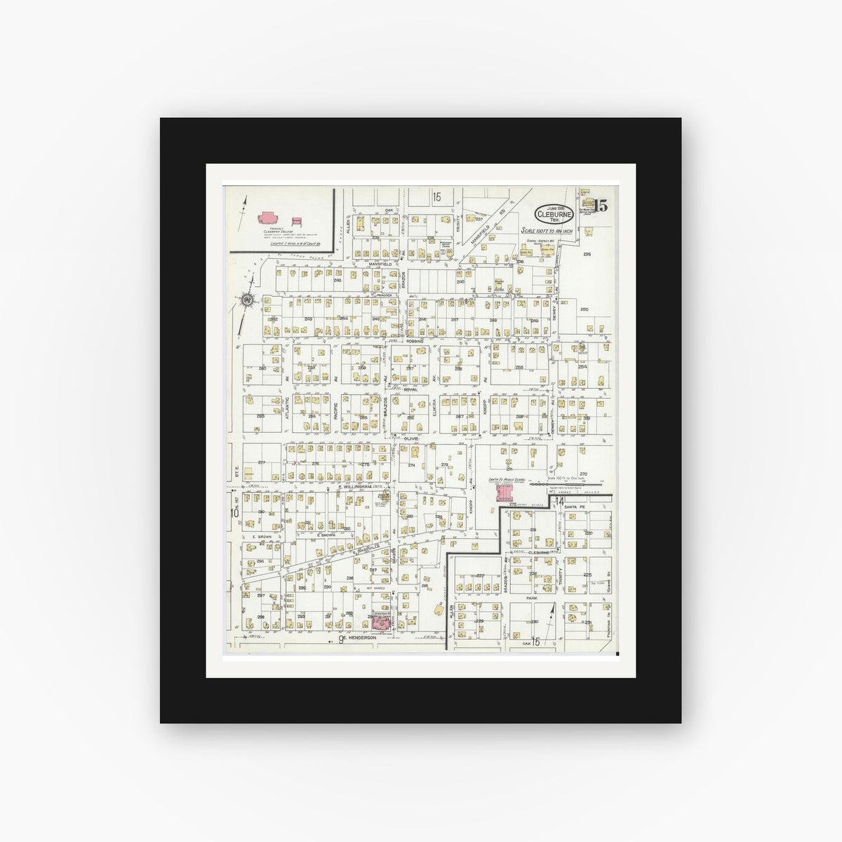 Old map wall art mockup — black gallery frame with white mat — Sanborn Fire Insurance Map from Cleburne, Johnson County, Texas (1918), Sheet #0015