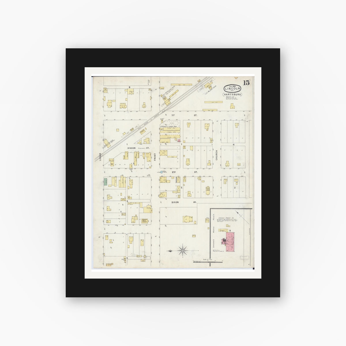 Old map wall art mockup — black gallery frame with white mat — Sanborn Fire Insurance Map from Lincoln, Logan County, Illinois (1896), Sheet #0015