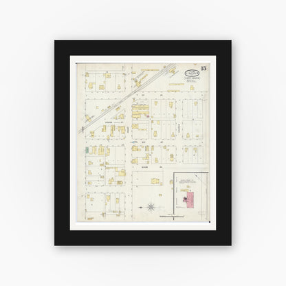 Old map wall art mockup — black gallery frame with white mat — Sanborn Fire Insurance Map from Lincoln, Logan County, Illinois (1896), Sheet #0015