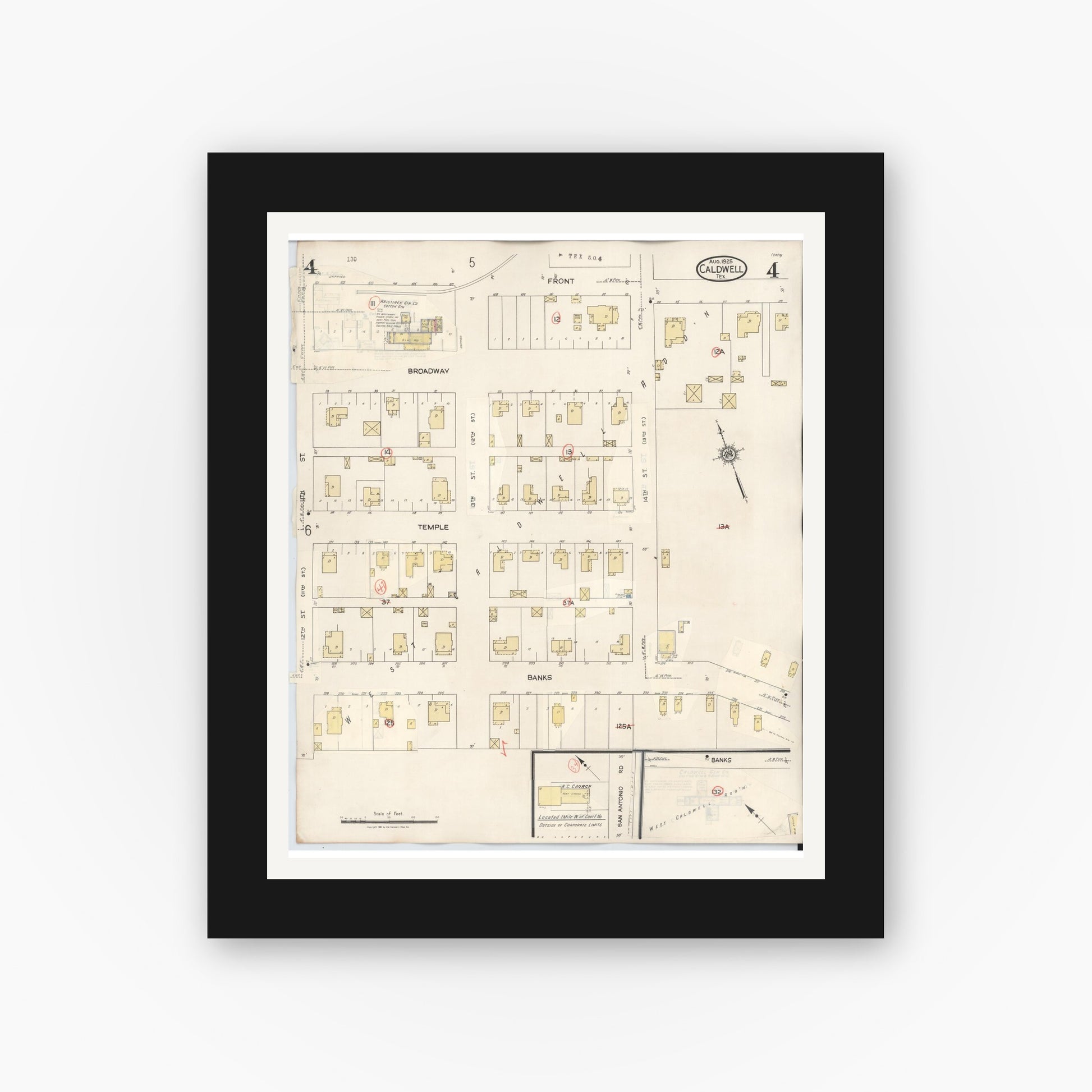 Old map wall art mockup — black gallery frame with white mat — Sanborn Fire Insurance Map from Caldwell, Burleson County, Texas (1943), Sheet #0004