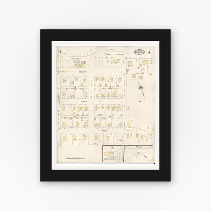 Old map wall art mockup — black gallery frame with white mat — Sanborn Fire Insurance Map from Caldwell, Burleson County, Texas (1943), Sheet #0004