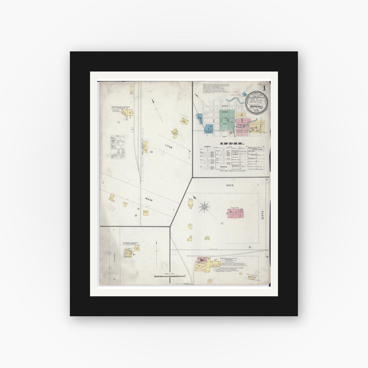 Old map wall art mockup — black gallery frame with white mat — Sanborn Fire Insurance Map from Marshall, Lyon County, Minnesota (1896) - Complete Map Set
