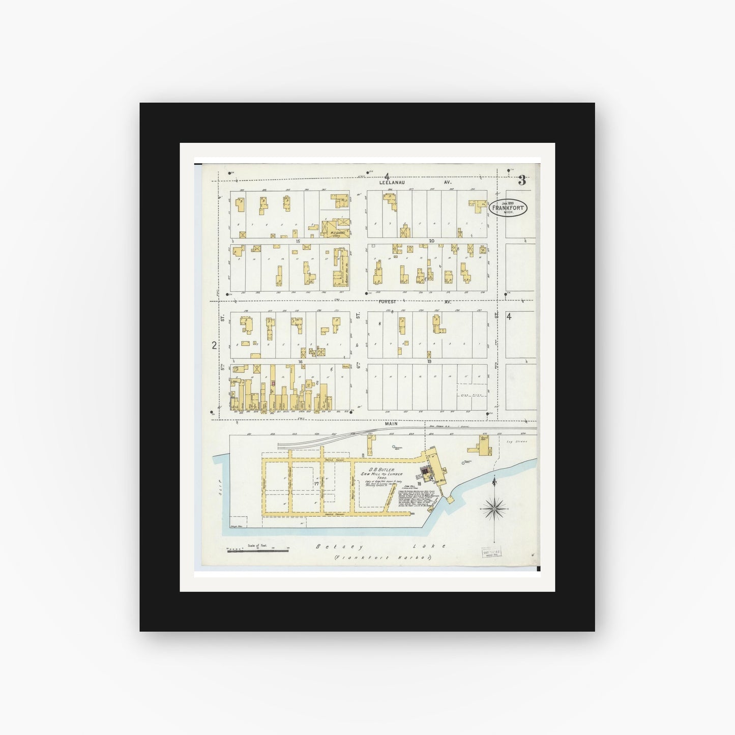 Old map wall art mockup — black gallery frame with white mat — Sanborn Fire Insurance Map from Frankfort, Benzie County, Michigan (1899), Sheet #0003