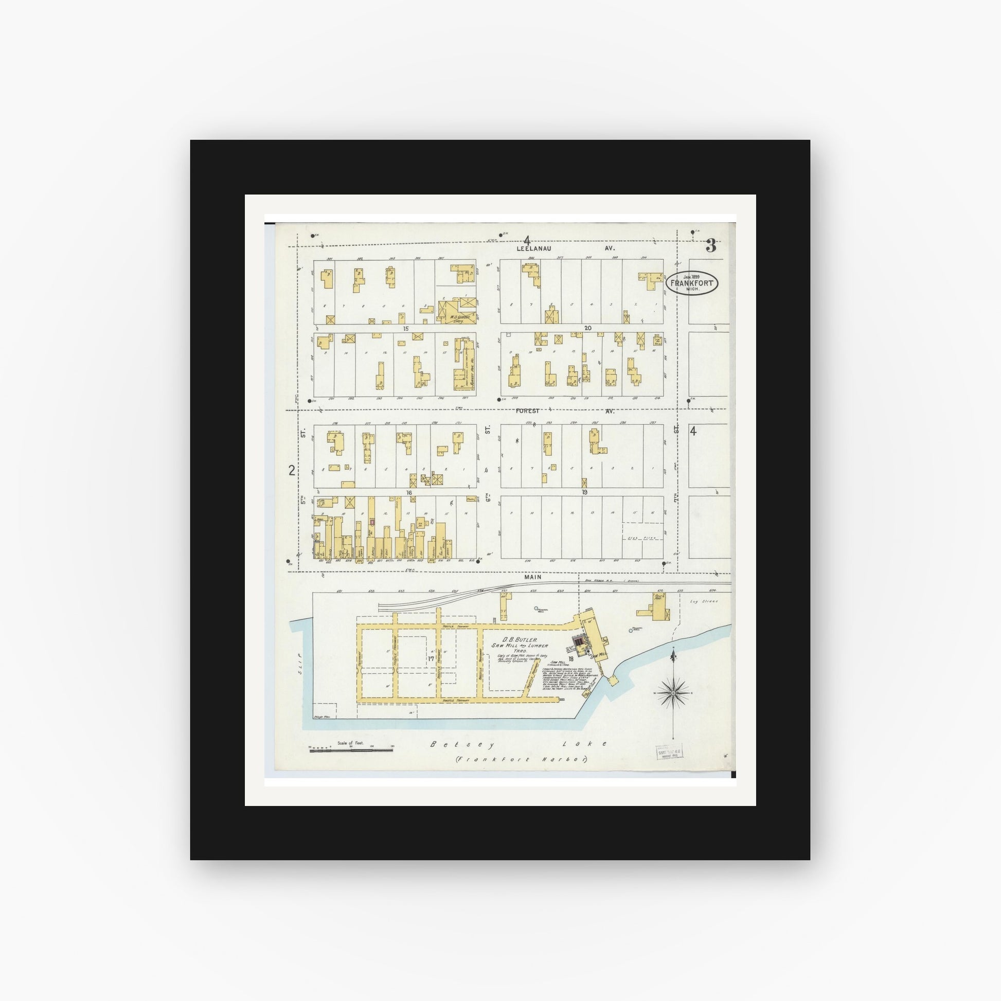 Old map wall art mockup — black gallery frame with white mat — Sanborn Fire Insurance Map from Frankfort, Benzie County, Michigan (1899), Sheet #0003