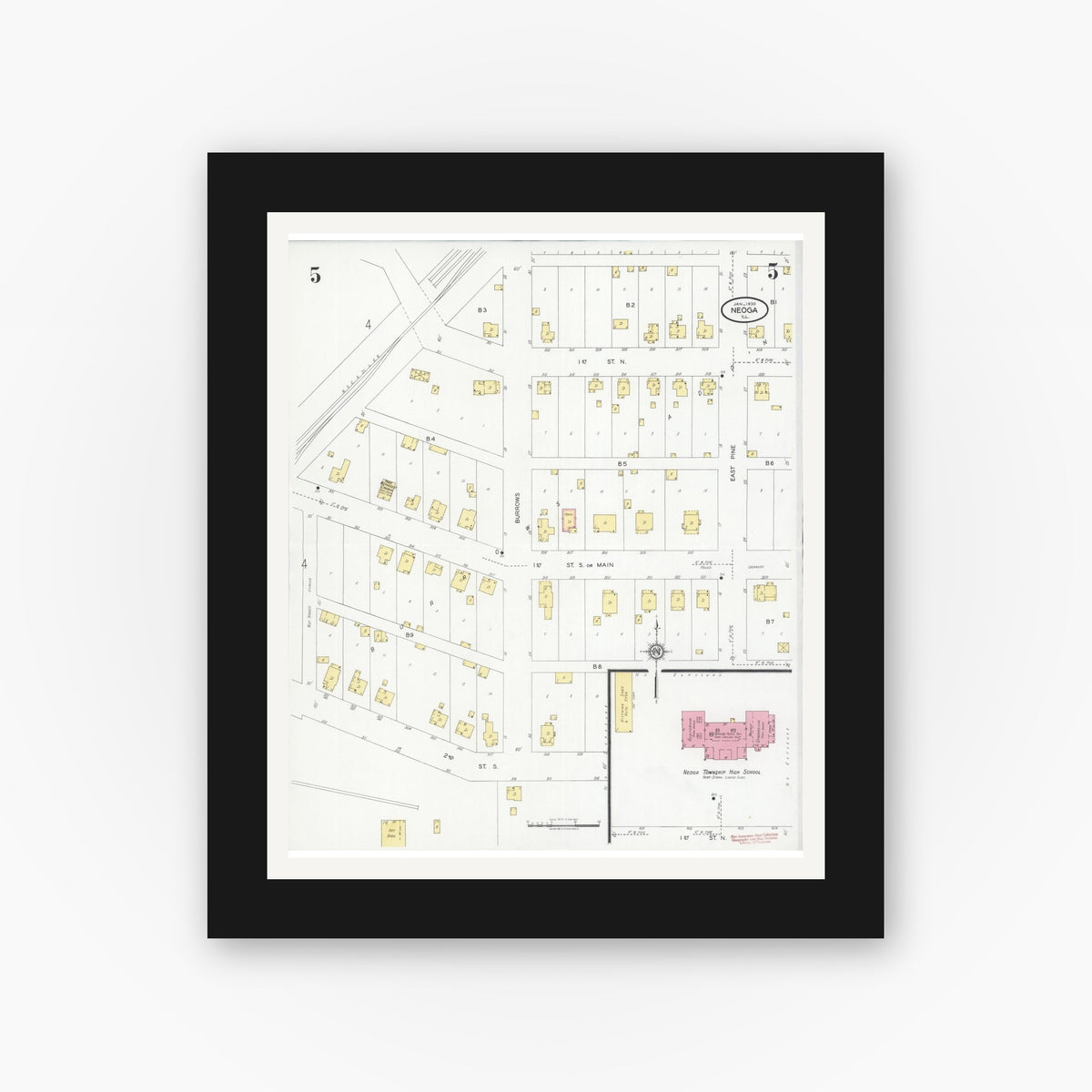 Old map wall art mockup — black gallery frame with white mat — Sanborn Fire Insurance Map from Neoga, Cumberland County, Illinois (1930), Sheet #0005