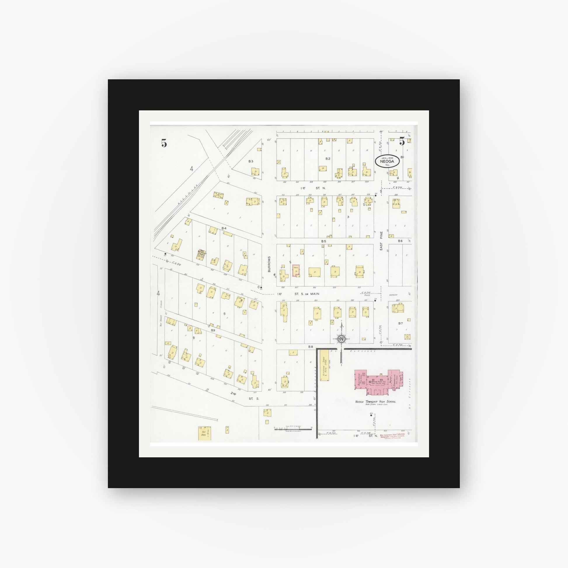 Old map wall art mockup — black gallery frame with white mat — Sanborn Fire Insurance Map from Neoga, Cumberland County, Illinois (1930), Sheet #0005